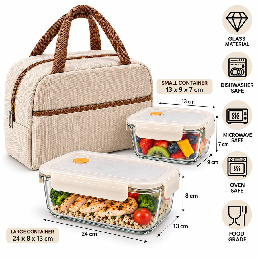 2pc Glass Containers And Lunch Bag